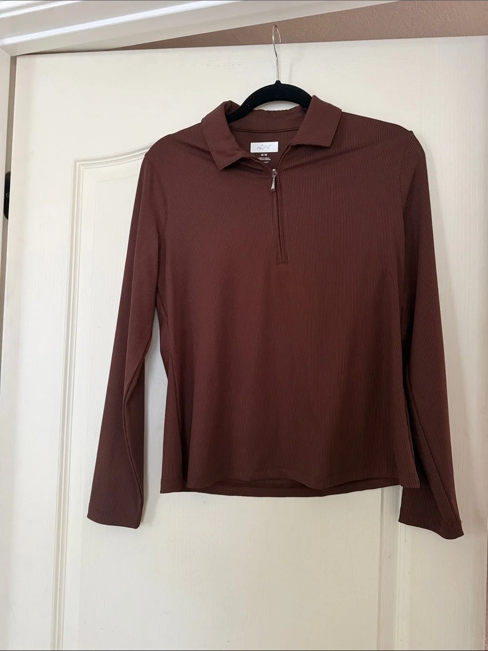 Greg Norman Collection Slim Ribbed Long-Sleeve Polo Zip Top - Chocolate Brown